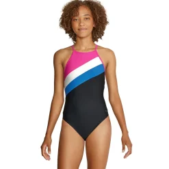 High Neck Colorblock Tie Back One Piece